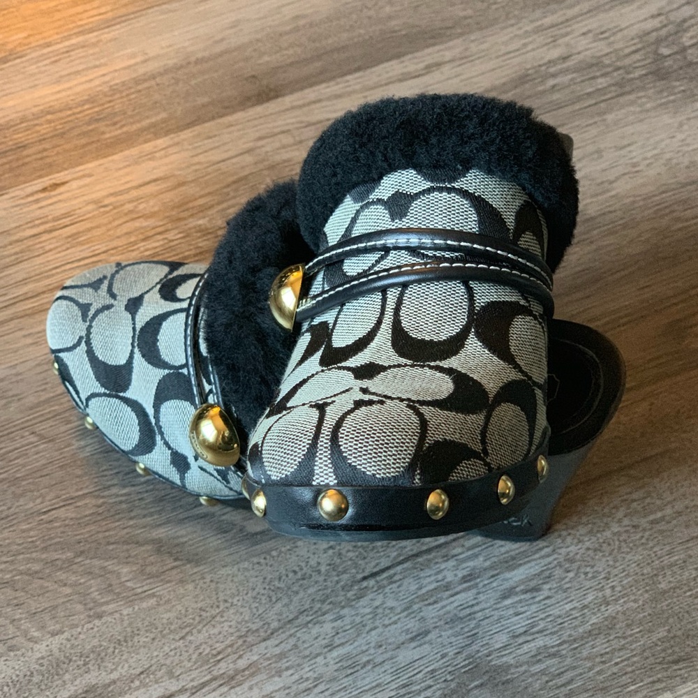 Coach Black & Grey Logo Ivanka Faux Fur Clogs - Picture 5 of 8